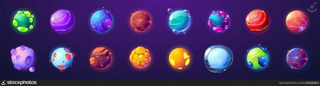 Alien planets, cartoon fantastic asteroids, galaxy ui game cosmic world objects, space design elements. Pimpled spheres, comets, moon with craters, glow plasma and lava, Vector illustration, icons set. Alien planets, cartoon asteroids, ui game objects
