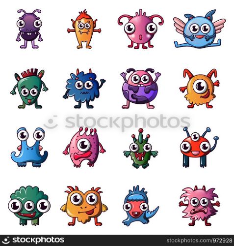 Alien scary monster icons set. Cartoon illustration of 16 alien scary monster vector icons for web. Alien scary monster icons set, cartoon style