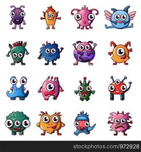 Alien scary monster icons set. Cartoon illustration of 16 alien scary monster vector icons for web. Alien scary monster icons set, cartoon style