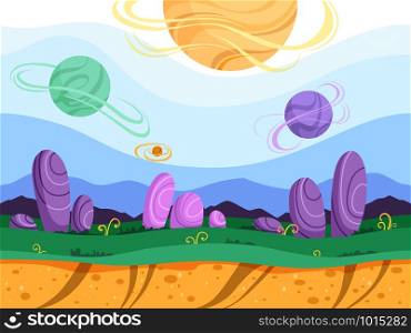 Alien seamless background. Moon surface strange futuristic fantasy planet ground explorer mountain 2d games vector cartoon picture. Illustration of landscape game surface level, gui for videogame. Alien seamless background. Moon surface strange futuristic fantasy planet ground explorer mountain 2d games vector cartoon picture