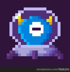 Alien sitting in spaceship vector, isolated monster with one eye and horns, 8 bit game pixelated character in protective costume, spooky personage , pixel cosmic monster for mobile app games. Horned Monster in Spaceship, Space Pixel Game Vector