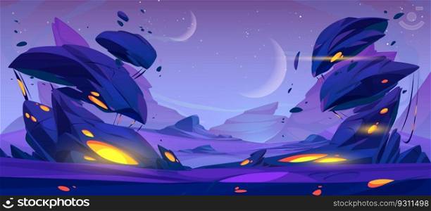 Alien space planet cartoon landscape background. Mars desert game cartoon vector illustration with rock, purple ground and moon in sky. Futuristic martian surface outer cosmos scene with glow scenery. Alien space planet cartoon landscape background