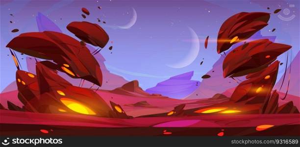 Alien space planet cartoon landscape background. Mars desert game cartoon vector illustration with rock, red ground and moon in sky. Futuristic martian surface outer cosmos scene with glow scenery. Alien space planet cartoon landscape background