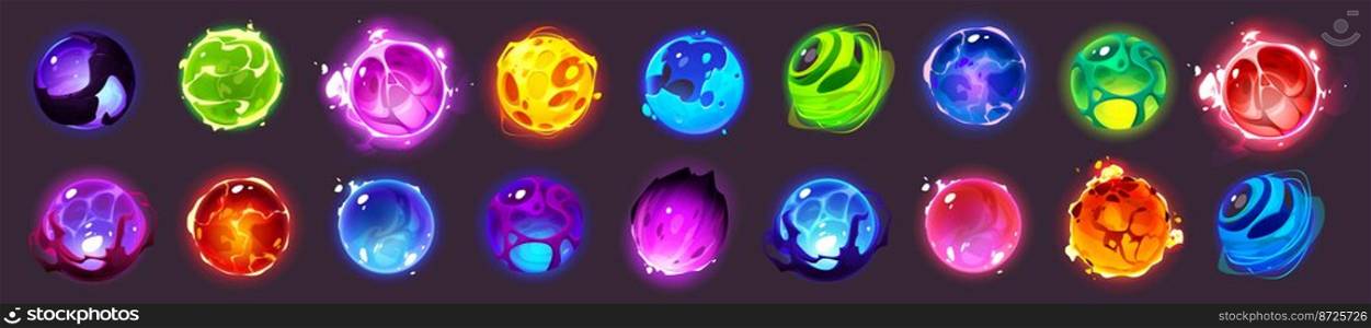 Alien space planets cartoon set. Fantastic design elements for game, comets, asteroids, galaxy ui cosmic world objects. Moon with craters, glow spheres with plasma and lava, Vector illustration, icons. Alien space planets cartoon design elements set