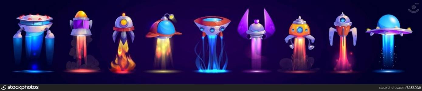 Alien space ships, cartoon ufo saucers and rockets take off with fire beams. Fantasy bizarre shuttles, game engines graphic design elements, funny cosmic spaceships, Isolated vector illustration set. Alien space ships, cartoon ufo saucers and rockets