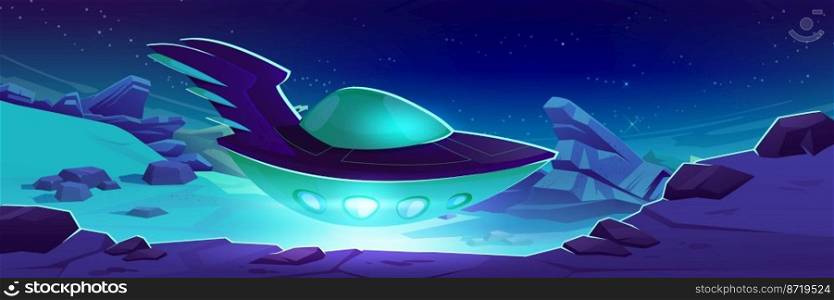 Alien spaceship fly above planet surface. Futuristic scene with cosmic landscape of planet or moon with rocks in desert, flying shuttle and stars in sky at night, vector cartoon illustration. Alien spaceship fly above planet surface