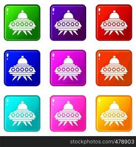 Alien spaceship icons of 9 color set isolated vector illustration. Alien spaceship set 9