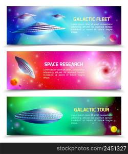 Alien spaceship set of horizontal banners with space research, galactic tour, cosmic fleet isolated vector illustration. Alien Spaceship Horizontal Banners