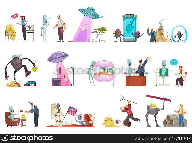 Alien ufo set with isolated icons of extraterrestrial flying vehicles robots and humanoids with human characters vector illustration. Alien Doodle Icon Set