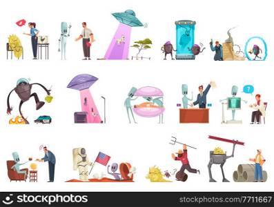 Alien ufo set with isolated icons of extraterrestrial flying vehicles robots and humanoids with human characters vector illustration. Alien Doodle Icon Set