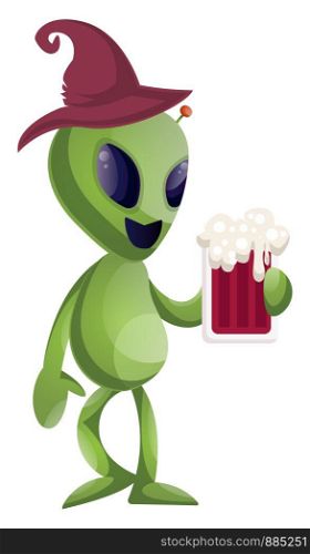 Alien with beer, illustration, vector on white background.