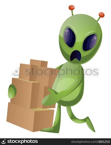Alien with boxes, illustration, vector on white background.