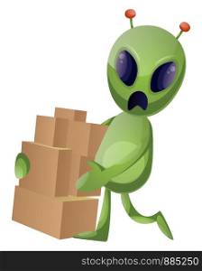 Alien with boxes, illustration, vector on white background.