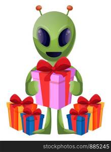 Alien with present, illustration, vector on white background.