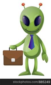 Alien with suitcase, illustration, vector on white background.