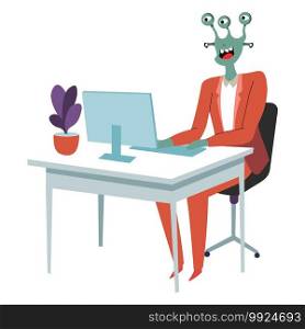 Alien working on project in office, extraterrestrial businessman, character wearing formal suit. Secretary typing info on keyboard. Workplace of space invader, monster with eyes, vector in flat. Extraterrestrial character working on personal computer at work