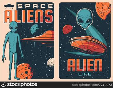 Aliens and UFO retro posters. Extraterrestrial life and spaceships, space exploration vector vintage banners with flying saucer, far galaxy planets and humanoid alien with big eyes and blue skin. Aliens and UFO spaceships vector retro posters