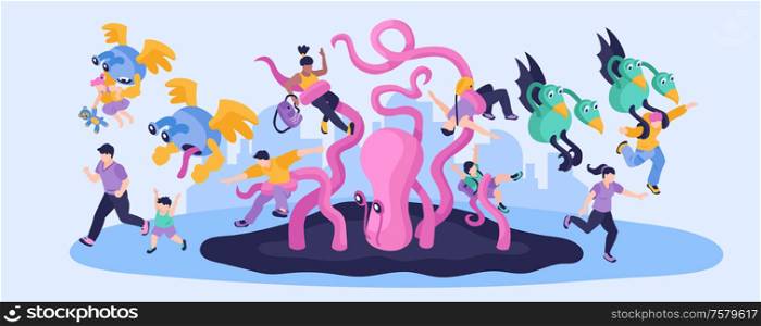 Aliens colorful narrow illustration with people running away from cartoon monstrous characters isometric vector illustration