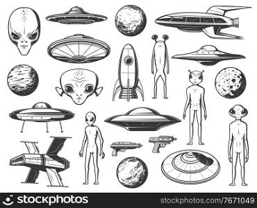 Aliens, extraterrestrial spaceships and planets engraved icons set. Alien life forms, humanoid creatures with big head and eyes, fantastic starships, flying saucers and rockets, blaster pistols vector. Aliens, extraterrestrial spaceship and planet icon