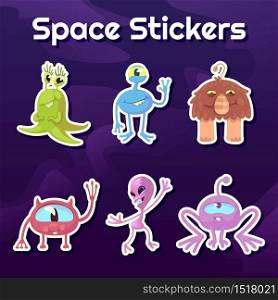 Aliens, fantastic creatures flat cartoon vector illustrations kit. Cute extraterrestrials, martial and mythical animals. Ready to use 2d comic character stickers set. Monsters patch, badge