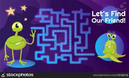 Aliens friend labyrinth with cartoon character template. Cute extraterrestrial find path maze with solution for educational kids game. Childish adventure printable flat vector layout