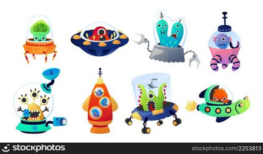 Aliens with spacecraft. Cartoon funny cosmic invader creatures flying on comic space transport. Isolated cosmonauts driving spaceships. Childish monsters on rockets discovery universe. Vector UFO set. Aliens with spacecraft. Cartoon cosmic invader creatures flying on comic space transport. Cosmonauts driving spaceships. Childish monsters on rockets discovery universe. Vector UFO set
