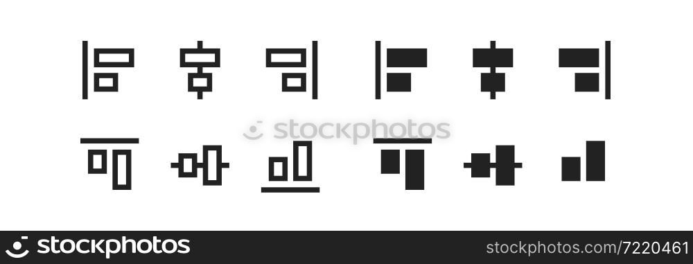 Align, line icon set. Column transform interface symbol in vector flat style.