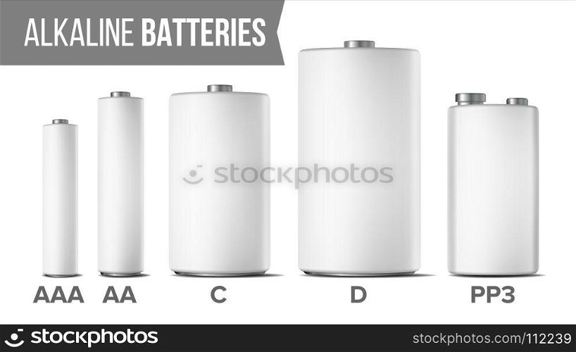 Alkaline Batteries Mock Up Set Vector. Different Types AAA, AA, C, D, PP3, 9 Volt. Classic Modern Realistic Battery. White Clean Empty Template Good For Branding Design. Isolated Illustration. Alkaline Batteries Mock Up Set Vector. Different Types AAA, AA, C, D, PP3, 9 Volt. Classic Modern Realistic Battery. White Clean Empty Template. Isolated Illustration