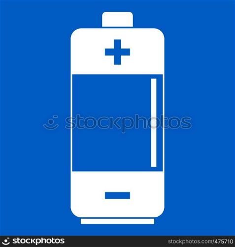 Alkaline battery icon white isolated on blue background vector illustration. Alkaline battery icon white