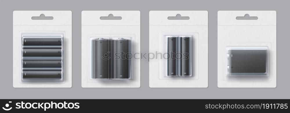 Alkaline metal battery blank package realistic mockup. Disposable electric accumulator sizes in paper and plastic pack vector template set. Power sources in blisters of different type. Alkaline metal battery blank package realistic mockup. Disposable electric accumulator sizes in paper and plastic pack vector template set