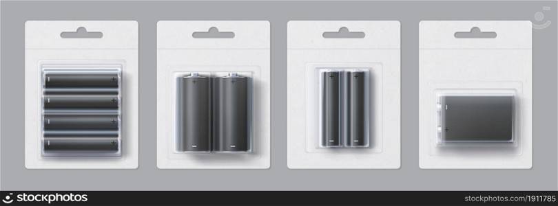 Alkaline metal battery blank package realistic mockup. Disposable electric accumulator sizes in paper and plastic pack vector template set. Power sources in blisters of different type. Alkaline metal battery blank package realistic mockup. Disposable electric accumulator sizes in paper and plastic pack vector template set