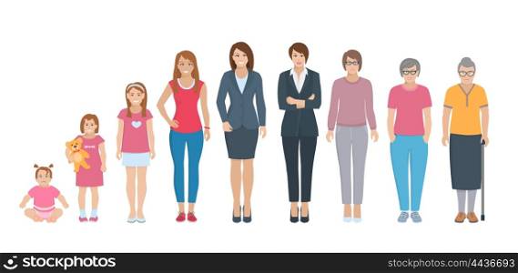 All Age Generation Women Set. Different generations full length silhouette european women isolated set vector illustration