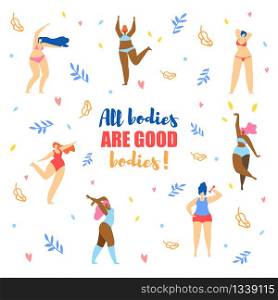 All Bodies Are Good Bodies Body Positive. Various Happy Women Different Sizes and Types in Bikini and Swimming Suits Dance and Exercising on Doodle Herbal Background. Cartoon Flat Vector Illustration. Different Sizes and Types Women in Bikini Dancing