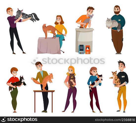 All-breed cats show isolated cartoon icons set with owners presenting pets to jury isolated vector illustration . Cats Show Set