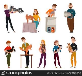 All-breed cats show isolated cartoon icons set with owners presenting pets to jury isolated vector illustration . Cats Show Set