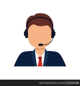 ?all center service. Operator for customer. Service agent. Man with headset telephone advise online. Hotline support, corporate representative helpline. Web assistant avatar. Vector.