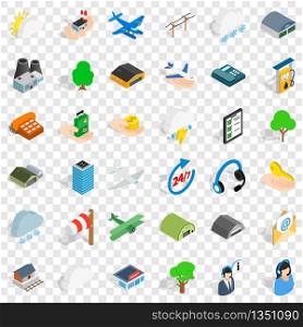 All day airport icons set. Isometric style of 36 all day airport vector icons for web for any design. All day airport icons set, isometric style