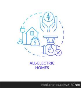 All electric homes blue gradient concept icon. Benefits of electrification abstract idea thin line illustration. Isolated outline drawing. Roboto-Medium, Myriad Pro-Bold fonts used. All electric homes blue gradient concept icon