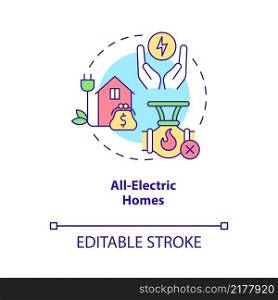 All electric homes concept icon. Benefits of electrification abstract idea thin line illustration. Isolated outline drawing. Editable stroke. Roboto-Medium, Myriad Pro-Bold fonts used. All electric homes concept icon