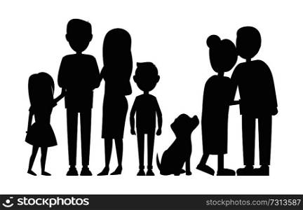 All family members gathered together, vector card isolated on white backdrop, grandparents with children and grandchildren, family s pet silhouette. All Family Members Gathered Together, Vector Card