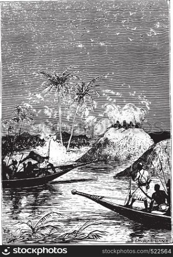 All fired on one of the boats, vintage engraved illustration.