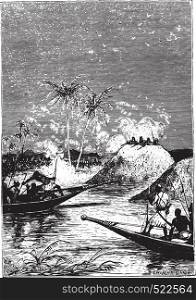 All fired on one of the boats, vintage engraved illustration.