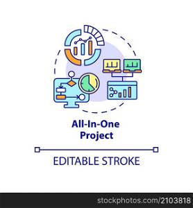 All-in-one project concept icon. Business program abstract idea thin line illustration. Track overall progress. Isolated outline drawing. Editable stroke. Roboto-Medium, Myriad Pro-Bold fonts used. All-in-one project concept icon