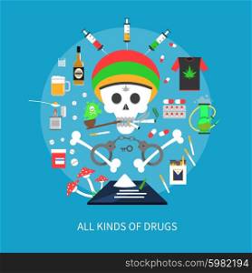 All Kinds Of Drugs Concept . All kinds of drugs concept with skull and bones on blue background flat vector illustration