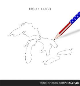 All of the Great Lakes vector map pencil sketch. Superior, Michigan, Huron, Erie, and Ontario outline contour map with 3D pencil in american flag colors.. All of the Great Lakes vector map pencil sketch. Superior, Michigan, Huron, Erie, and Ontario outline map