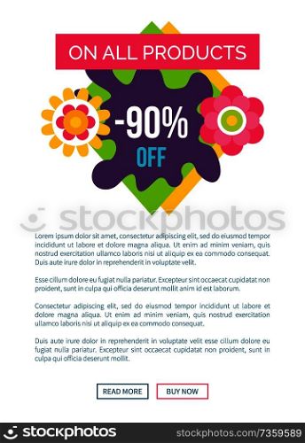 All products 90 off total absolute final sale label with flower blossoms, summer or spring price off emblem vector on white online poster push button. All Products 90 Total Absolute Final Sale Label