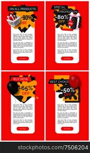 All products sale, discounts on web pages set vector. Posters with text sample, offering and clearance of shops, business advertising. 80 percent lower. All Products Sale, Discounts on Web Pages Set