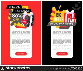 All products sale, discounts on web pages set vector. Posters with text sample, offering and clearance of shops, business advertising. 80 percent lower. All Products Sale, Discounts on Web Pages Set