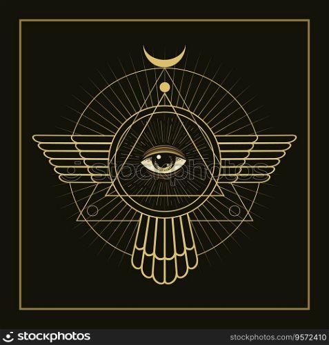 All Seeing Eye Esoteric in Triangle and Circle Masonic Mystical Geometry Alchemy isolated on black background. Vector Illustration