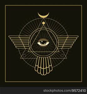 All Seeing Eye Esoteric in Triangle and Circle Masonic Mystical Geometry Alchemy isolated on black background. Vector Illustration
